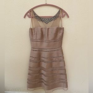 BCBGMaxAzria Champagne satin ribbon, mesh and rhinestone dress